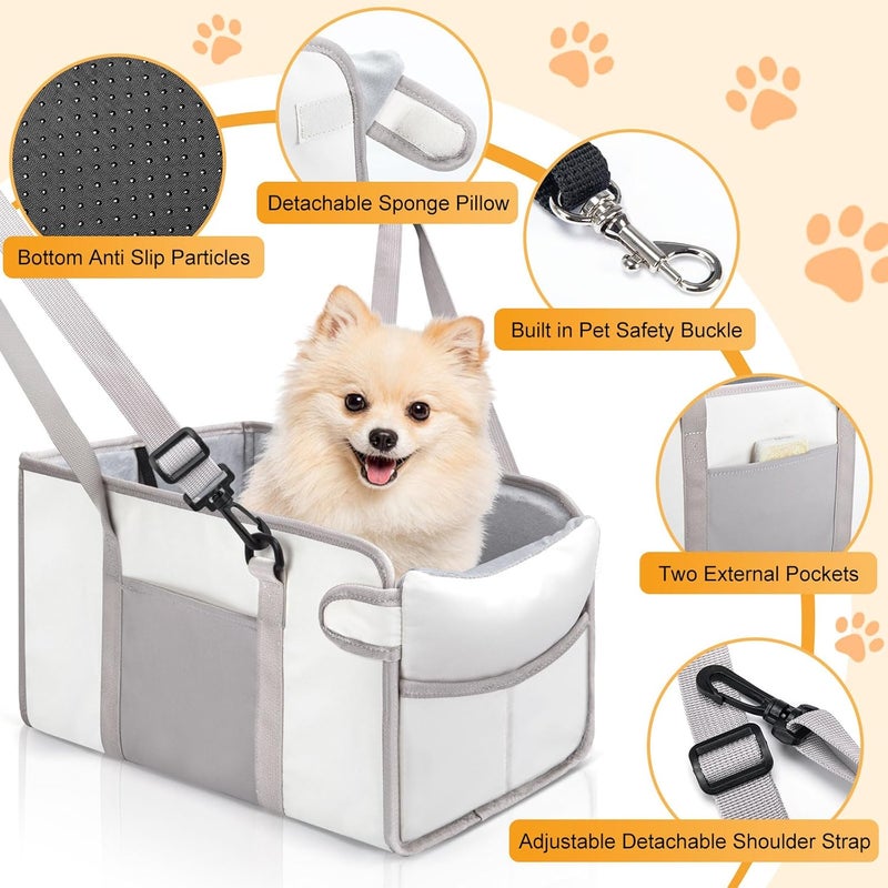 NECKORY Portable Dog Car Seat for Small Dogs - Pet Booster Seat with Safety Leash, Adjustable Straps, Washable Cushion & Storage Pocket - Center Console Puppy Car Seat for Travel - Beige - Image 3